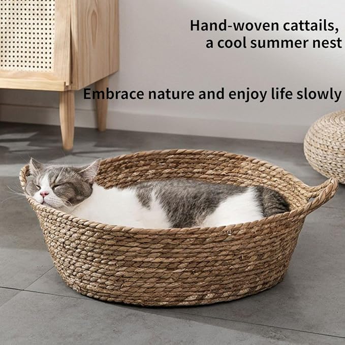 Cat Bed, Straw Woven Cat Baskets Bed, Round Wicker Cat Basket Nest, Non-Slip Cozy Kitten Bed for Cats Small Dog (with Cushion,Medium)