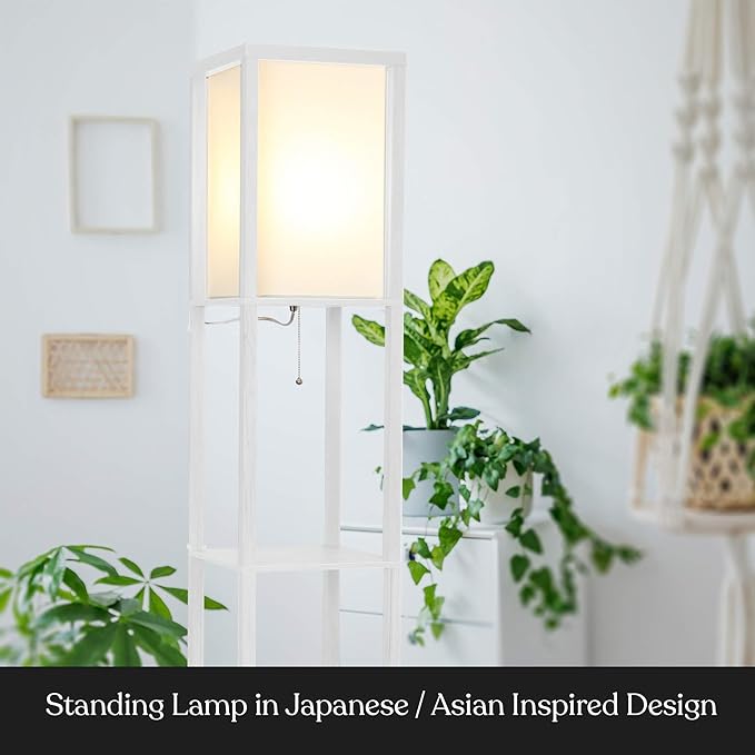 Brightech Maxwell - Modern Shelf Floor Lamp with Lamp Shade and LED Bulb - Corner Display Floor Lamps with Shelves for Living Room, Bedroom and Office - White