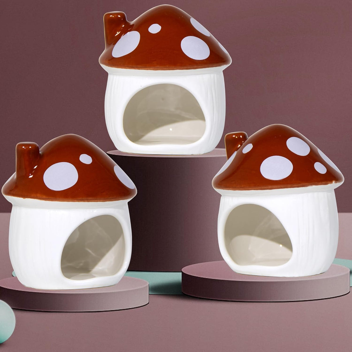 Ceramic Mushroom Hamster Hideout - Hamster Habitat for Hamsters Chinchillas Hedgehogs and Gerbils Mouse Small Pet Guinea Pigs House Hamster Bed (Brown)