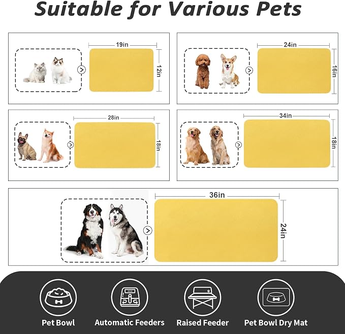 HotLive Dog Food Mat - Absorbent Cat Mat for Food and Water, No Stains Pet Feeding Bowl Mat, Easy to Clean Pet Placemats, Quick Dry Dog Water Dispenser Mat for Messy Drinkers | Yellow 18"x34"