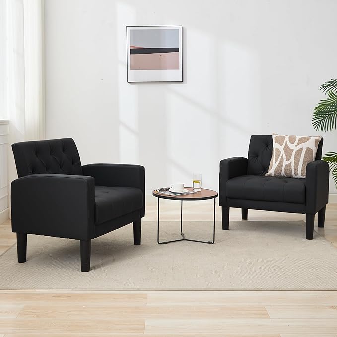 TYBOATLE Accent Chair Comfy Living Room Chair Black Leather Tufted Mid Century Modern Accent Chairs Small Cozy Reading Arm Chair for Office, Bedroom (1, Black)