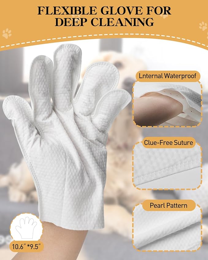 Pet Glove Wipes for Dogs and Cats, Disposable Finger Cleaning Gloves, Gentle Pet Wipes for Paws, Face & Ears, Deodorizing & Moisturizing, Soft & Thick Dog Wipes for Daily Grooming