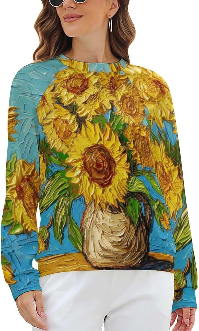 Long Sleeve Shirts for Women Cat Oil Painting Shirt 3D Graphic Sweatshirts Fall Pullover Crewneck Vintage Boho Tops