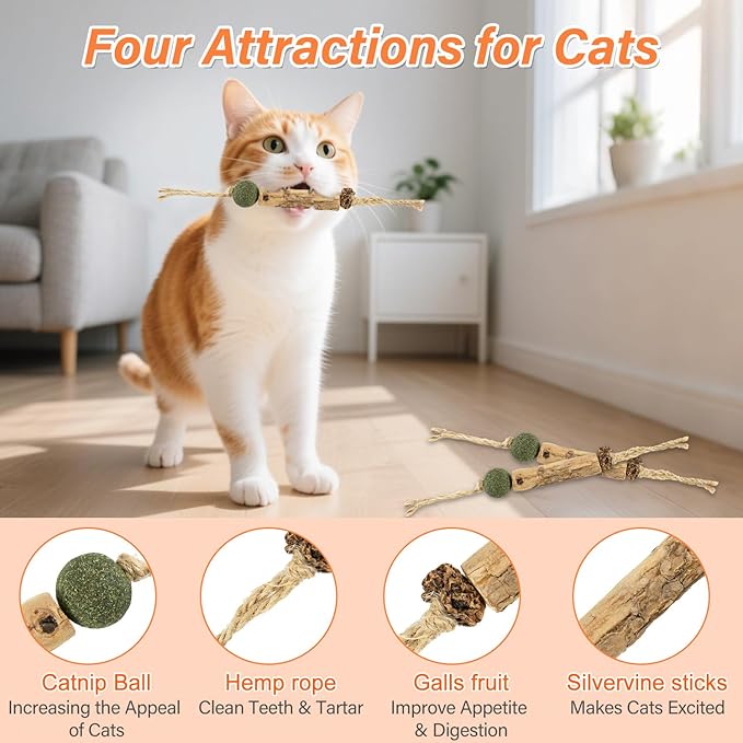 Cat Chew Toy Silvervine Sticks for Cats,Cat Chew Rope for Dental Cleaning Teeth, KittenTeething Toys for Bored Indoor Adult Kittens, Kitten Teething Toys for Indoor Cats (15pcs)