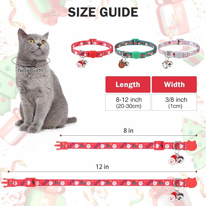 3 Pack Christmas Cat Collars Breakaway with Bell & Charm-Holiday Cat Collar for Girl Boy Cats with Safety Buckle- Cute Santa Snowman Kitten Collar Adjustable 8"-12" for Kitty Puppy Small Pets
