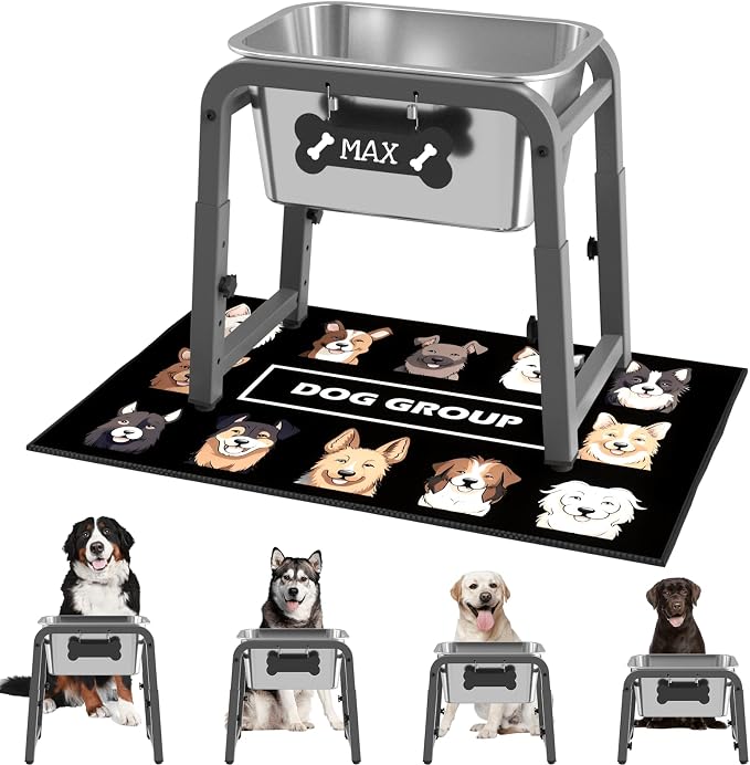 1.85 Gallon Elevated Dog Water Bowl, Height Adjustable (11–17'') Raised Stainless Steel Bowl with Spill-Proof Mat & Sturdy Metal Stand, Tip-Proof, Easy to Clean, Indoor & Outdoor Use