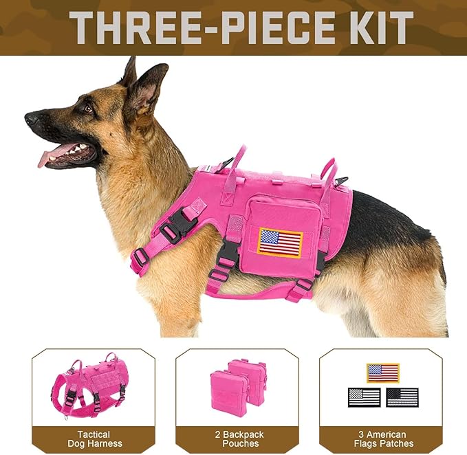 Forestpaw Dog Harness Medium Sized,Tactical Dog Harness with Handle,No Pull Military Style Service Dog Vest with Pockets Adjustable for Medium Large Dogs,Hot Pink,Chest 19.5-41.5"