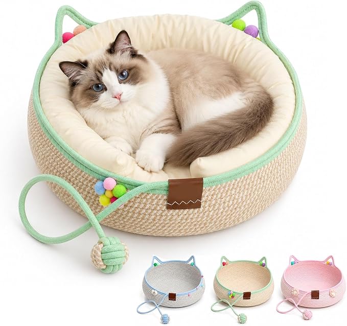 Handwoven Cotton Rope Cat Basket Bed with Hanging Ball Toy (Green, Medium) | cat bed, woven cat basket, kitten bed, small dog bed, cat toy ball, all season pet bed, washable cat cushion