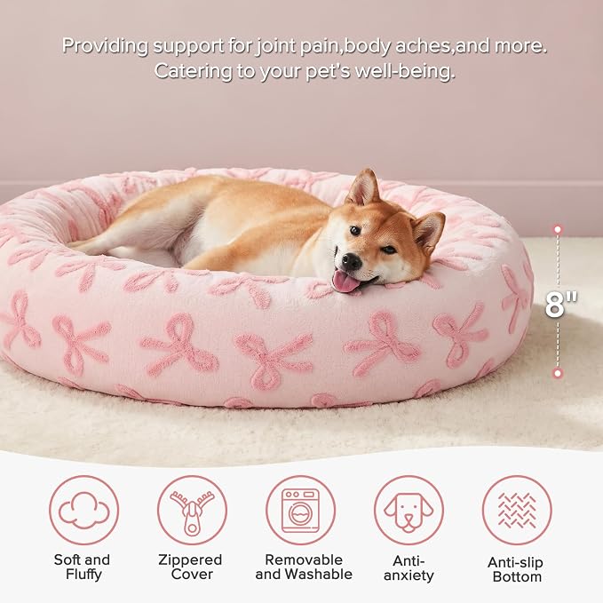 JOEJOY Jacquard Donut Round Dog Beds Large Sized Dog,Pink 36x36x8in, Removable Washable Cover, Cute Pattern, Ultra Soft Fluffy Calming Pet Bed with Thick Supportive Bolster