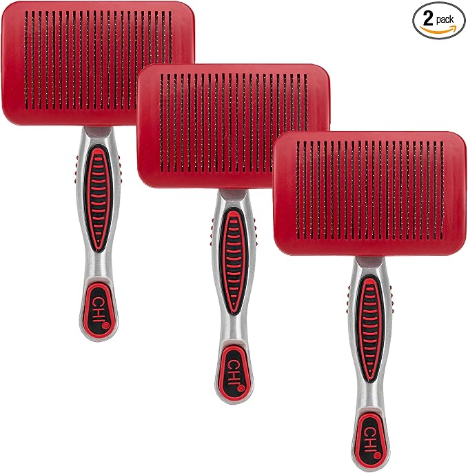 CHI for Dogs Self-Cleaning Slicker Brush, Small Size, 3-Pack | Pivoting head design, fine wire pins, detangles and removes loose hair, for small breed dog coats daily