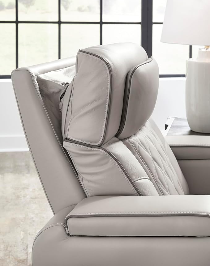 Signature Design by Ashley Boyington Contemporary Leather Match Power Reclining Sofa with USB Charging Ports, LED Lights and Adjustable Headrest, Light Gray