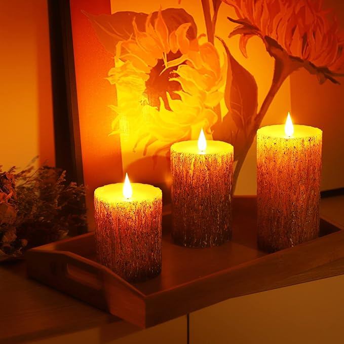 Flameless Candles Battery Operated Pillar Pine Effect Real Wax Flickering 3D