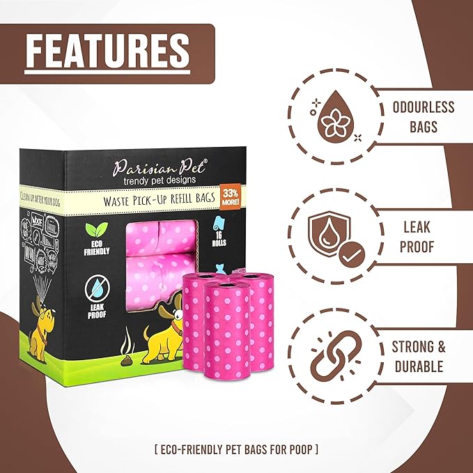 Parisian Pet Ecofriendly Dog Poop Bags Rolls - 320 Count Unscented Poop Bags For Dogs - Leakproof, Extra Thick, 16 Dog Waste Bags Refill Rolls - Polka Dot Pink Doggie Poop Bags - Fits All Dispenser