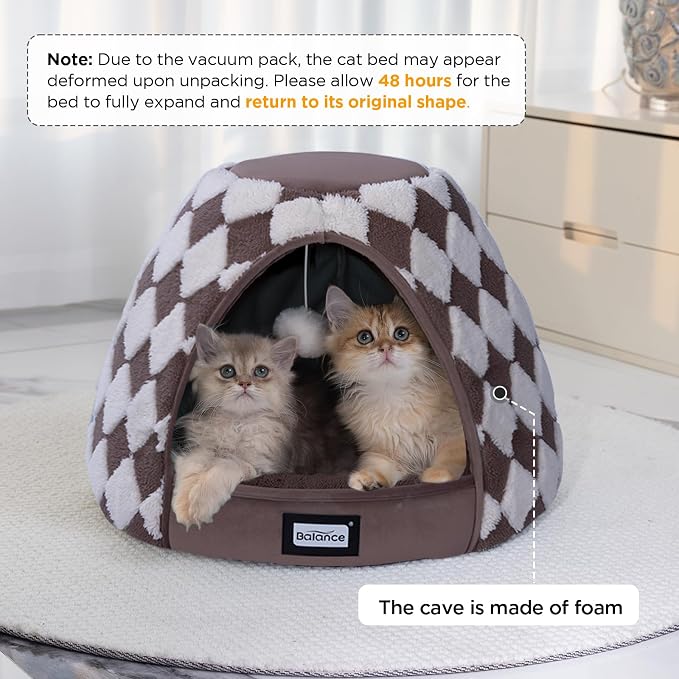 BALANCE Cat Beds for Indoor Cats, 2-in-1 Cat Bed Cave with Anti-Slip Bottom and Ultra-Soft Plush, Cozy Cats House Tent for Kittens and Small Dogs, 21 Inches, Dark Brown