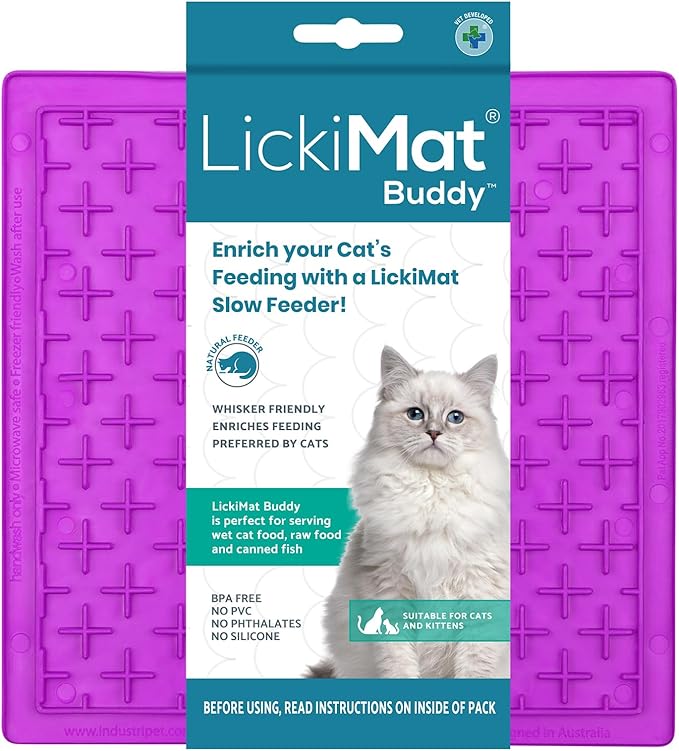LickiMat Classic Buddy, Cat Slow Feeder Lick Mat, Boredom Anxiety Reducer; Perfect for Food, Treats, Yogurt, or Peanut Butter. Fun Alternative to a Slow Feed Cat Bowl or Dish, Purple