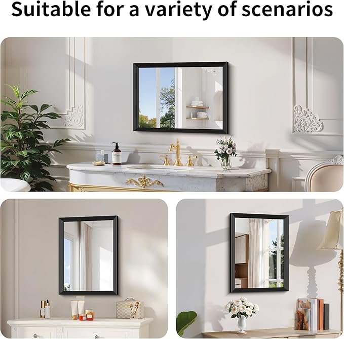 Black Bathroom Mirror 18 x 24 Inch Rectangle Wave Beveled
