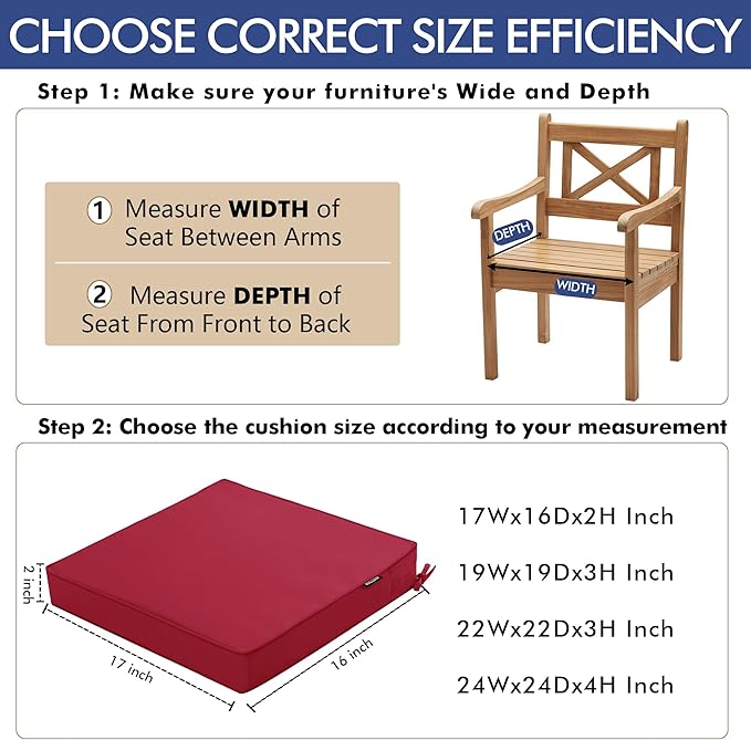 Outdoor Chair Cushions 16 x 17 Inch Waterproof Patio Chair Cushions with Tie 5 Year Color Fastness Thick Outdoor Seat Cushion for Garden Lawn Patio Furniture Burgundy Red Set of 2