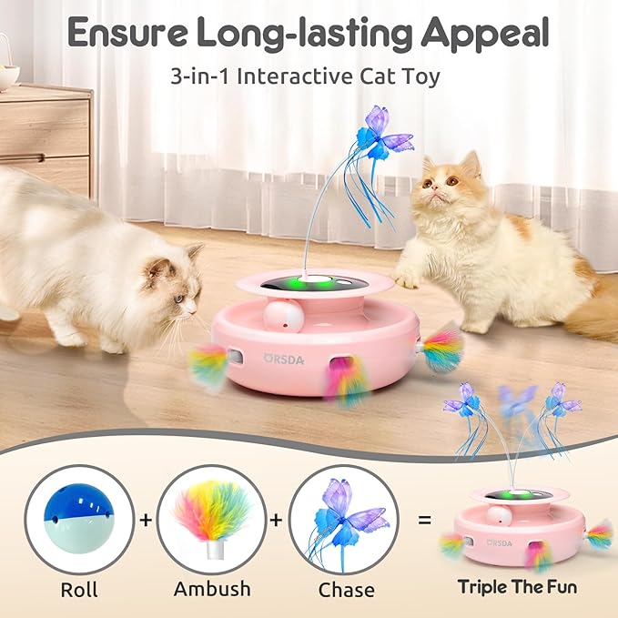 ORSDA Cat Toy, 3-in-1 Automatic Interactive Electronic Moving Ambush Feather, Fluttering Butterfly, Track Balls, USB Rechargeable Powered Smart Indoor Exercise Kicker