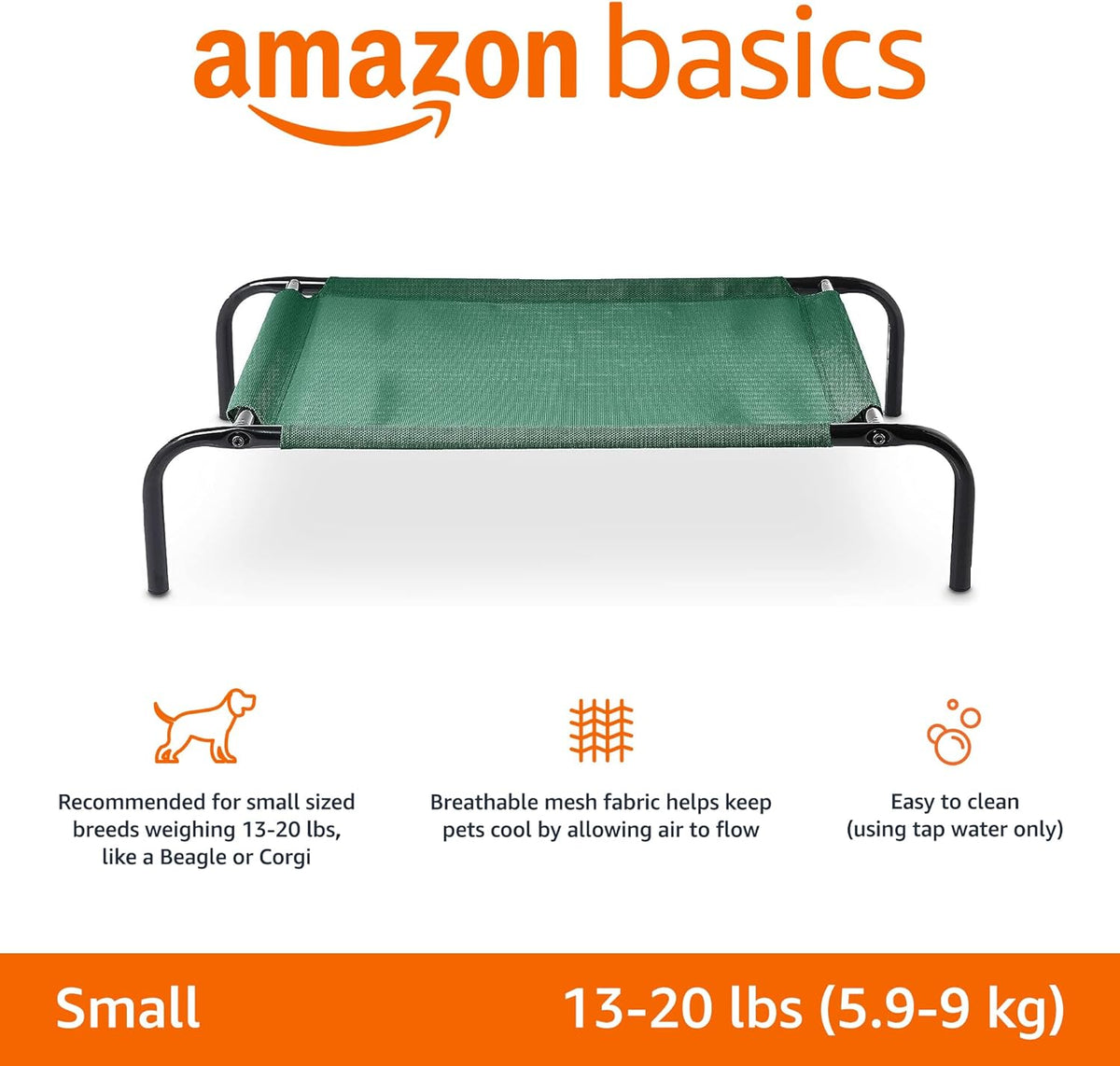 Amazon Basics Cooling Breathable Elevated Dog Bed with Metal Frame for Small Dogs, 36 x 22 x 7.5 Inch, Green