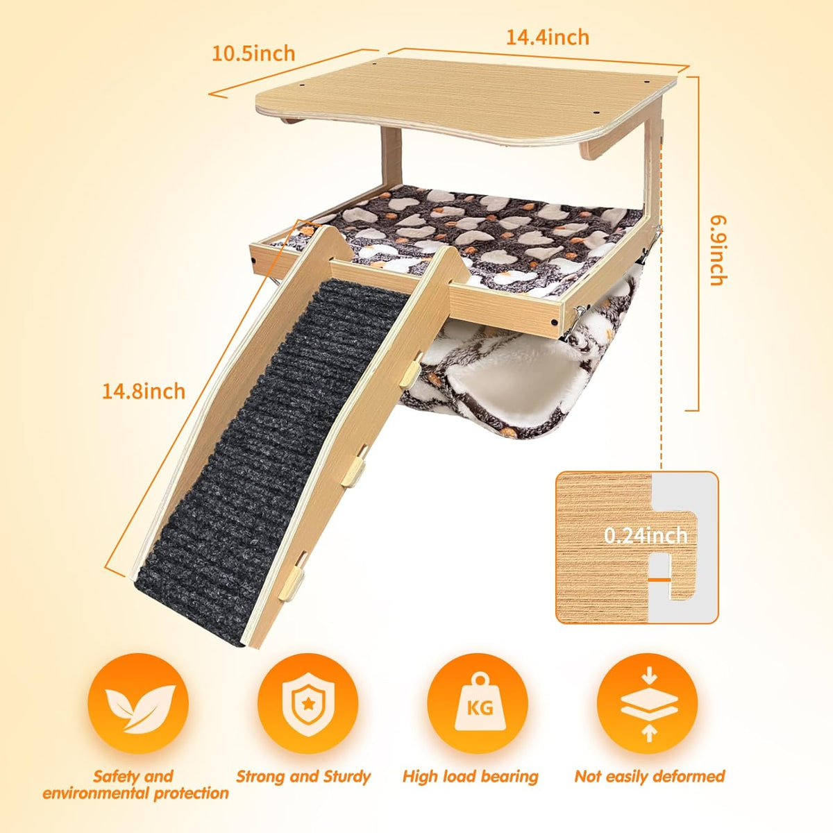 Guinea Pig Hideout，Natural Wood Removable Guinea Pig Bed, Small Animal Habitat with Hanging Hammock/Staircase/Cushion, Suitable for Small Animals to Hide, Rest, Play