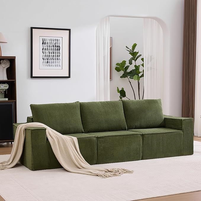 102” Boneless Modular Couch, 3 Seater Cloud Sofa for Living Room, Modern Sectional Sofa with Deep Seat, Comfy Fluffy Loveseat Couch, No Assembly Required, Green