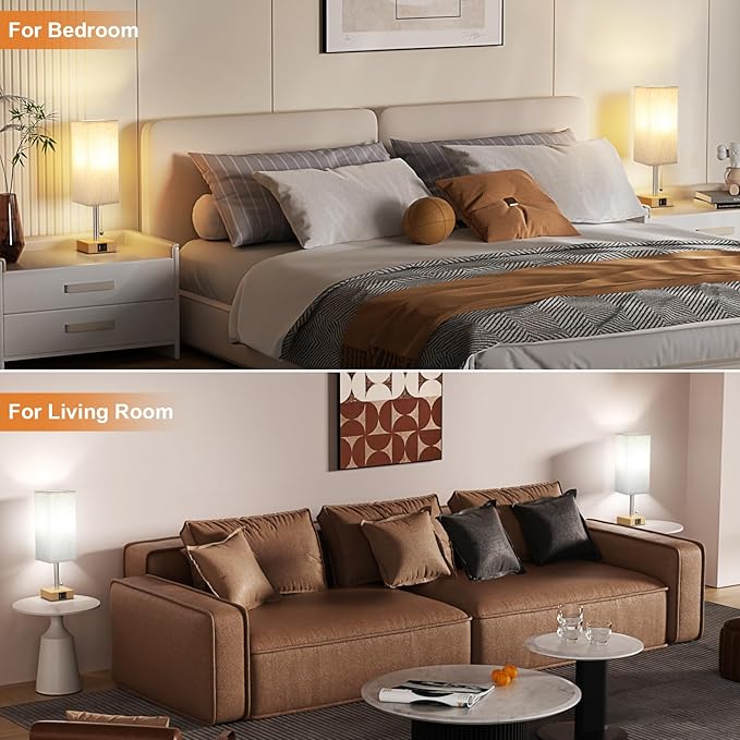 aooshine Wood Grain Bedside Table Lamps Set of 2 - Bedroom Lamps with 3 Color Temperatures (3000K/5000K/4000K), Square Nightstand Lamp with USB C + A Charging Ports