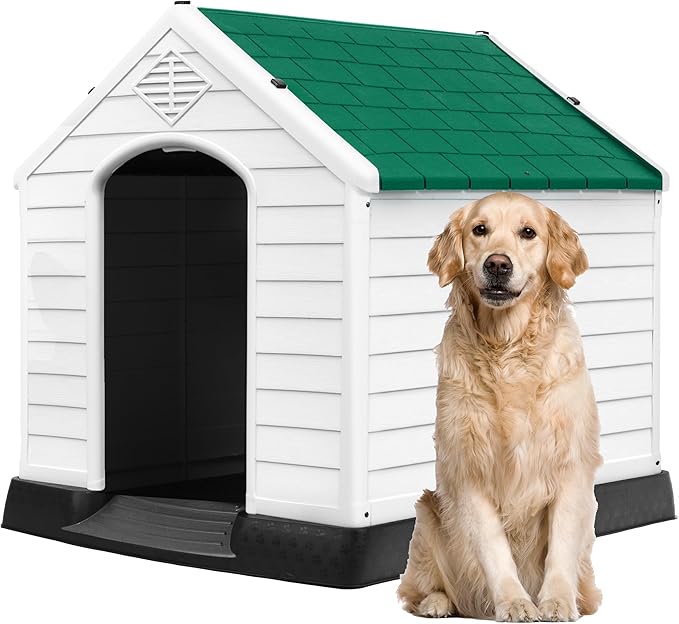 DWVO Plastic Dog House, Weatherproof Outdoor/Indoor Doghouse, Puppy Kennel with Air Vents and Elevated Floor