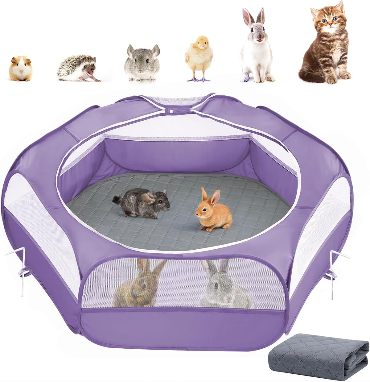 2-in-1 Small Animals Playpen with Pad, Waterproof Small Pet Cage Tent with Reusable Pad, Portable Outdoor Yard Fence with 3 Metal Rod for Chick/Kitten/Puppy/Guinea Pig/Rabbits/Chinchillas, Purple