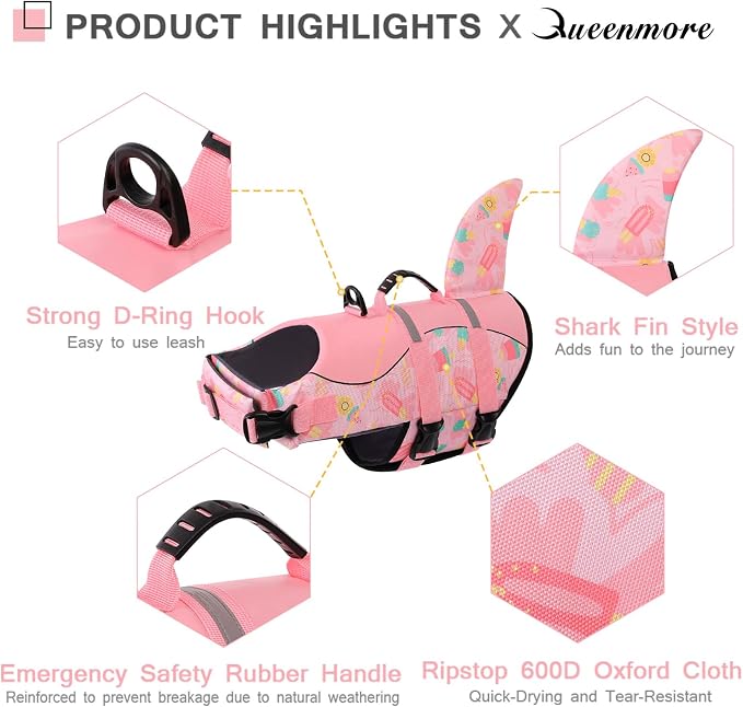 Dog Life Jacket High Flotation, Reflective Dog Life Vests for Swimming, Adjustable Dog Life Preserver Rescue Handle Spring Summer Pool for Small, Medium, Large Dogs (Pink Ice Cream,M)