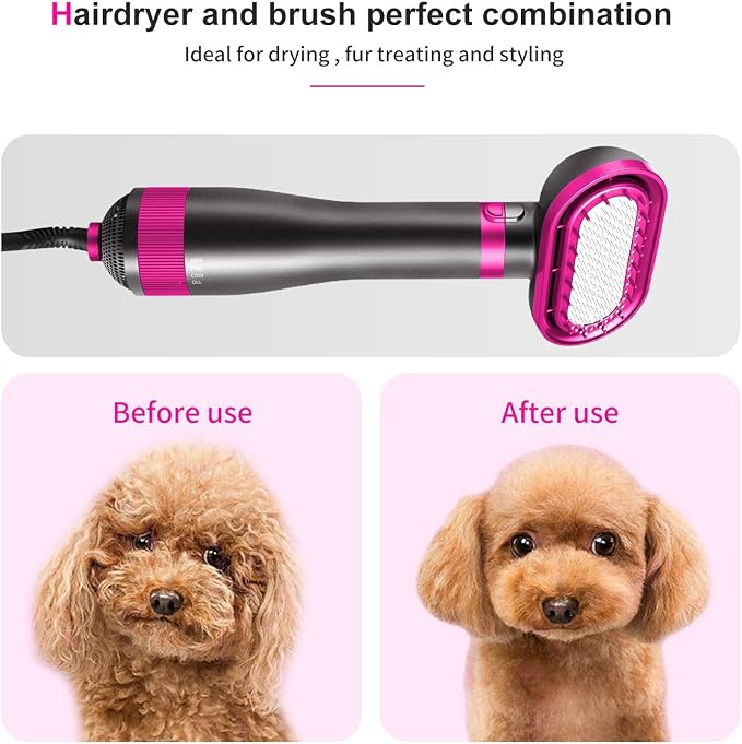Dog Hair Dryer | 2 in 1 Pet Grooming Hair Dryer Blower with Replaceable Slicker Brush | Adjustable Temperature | Professional Pet Blowing Dryer | for Small and Medium Dogs and Cats