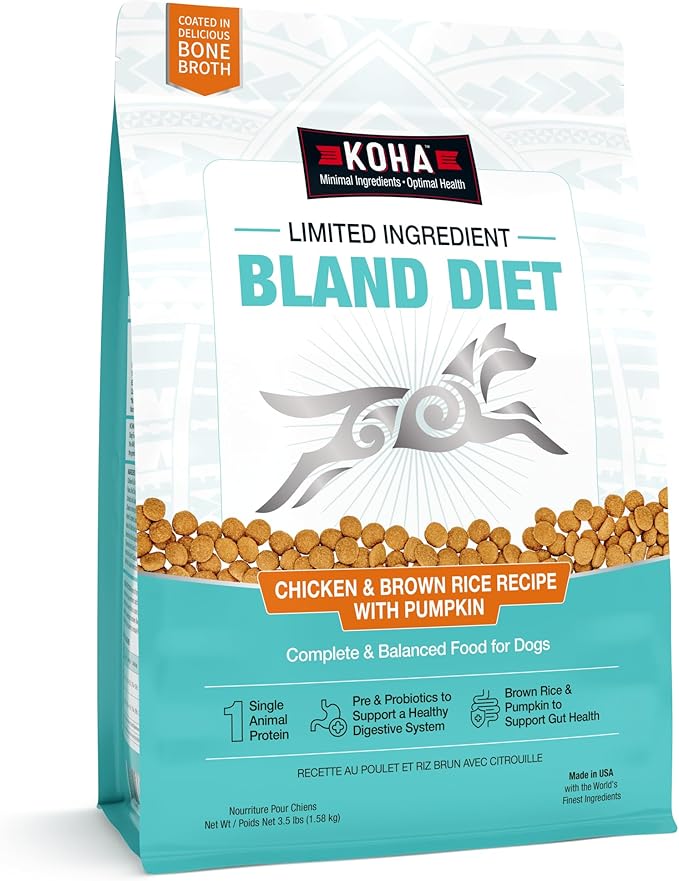 KOHA Limited Ingredient Bland Diet Dry Food for Dogs - Chicken & Brown Rice Recipe, Sensitive Stomach Dog Food - Pumpkin for Digestive Support, 3.5 lbs