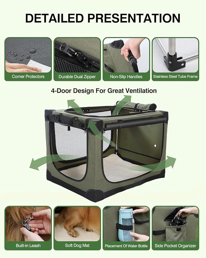 Veraste 24" Soft Collapsible Travel Dog Crate for Small Medium Pets,Green | 4-Door Foldable Travel Crate,breathable mesh, foldable with storage bag