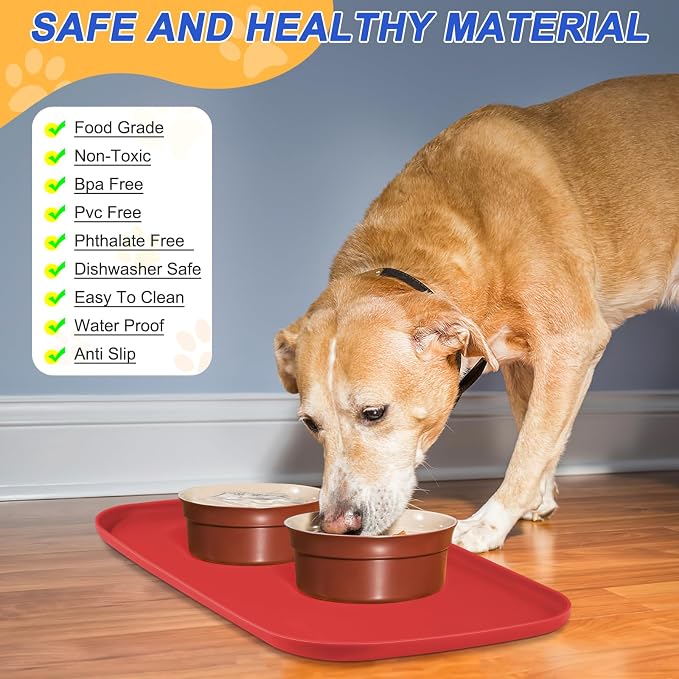 SMILOOL Waterproof Silicone Pet Food Mat with Raised Edge for Dog & Cat | 19" x 12" Non-Slip Pet Feeding Mats with Lip for Food & Water Bowl, Food Grade, Easy Cleaning, Red