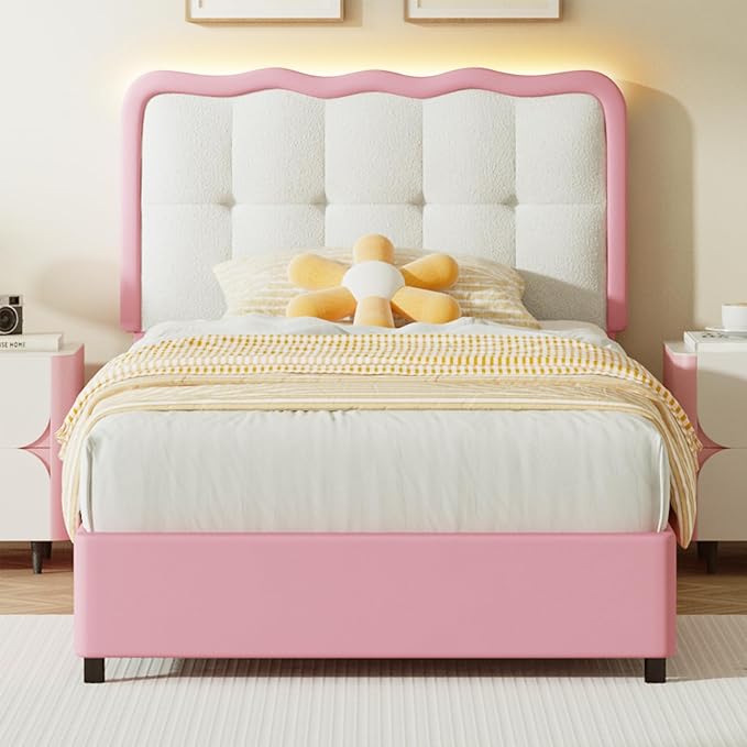 BarnFurin Twin Bed Frame with LED Lights, Twin Size Bed Frame with Cloud Headboard LED Lights, Cloud Bed with Headboard for Kids, No Box Spring Required, Easy Assembly, Pink