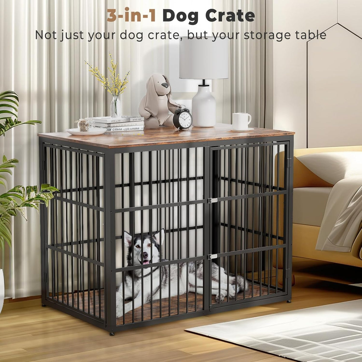 48'' XXL Dog Crate Furniture with 3 Doors,Wooden Crate End Table Heavy Duty Indoor Combination Cage for Medium to Large Dogs, Multiple Units Can be Combined