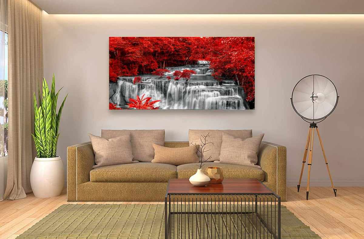 Yxbhhym Large Black and White Decor Waterfall Canvas Wall Art Red Tree Wall Decor Landscape Prints Posters Forest Scenery Paintings for Wall Decoration Bedroom Living Room Décor- Framed Wall Art