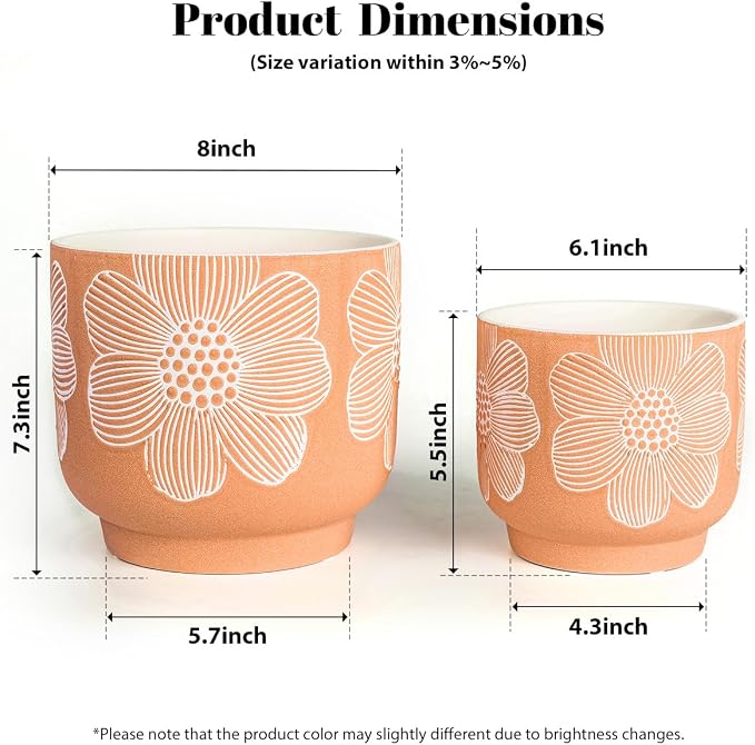 YBX 8 Inch + 6 Inch White Flower Pattern Plant Pots, Sand Glazed Ceramic Planter with Drainage Hole, Flower Pots for Indoor Plants, Orange