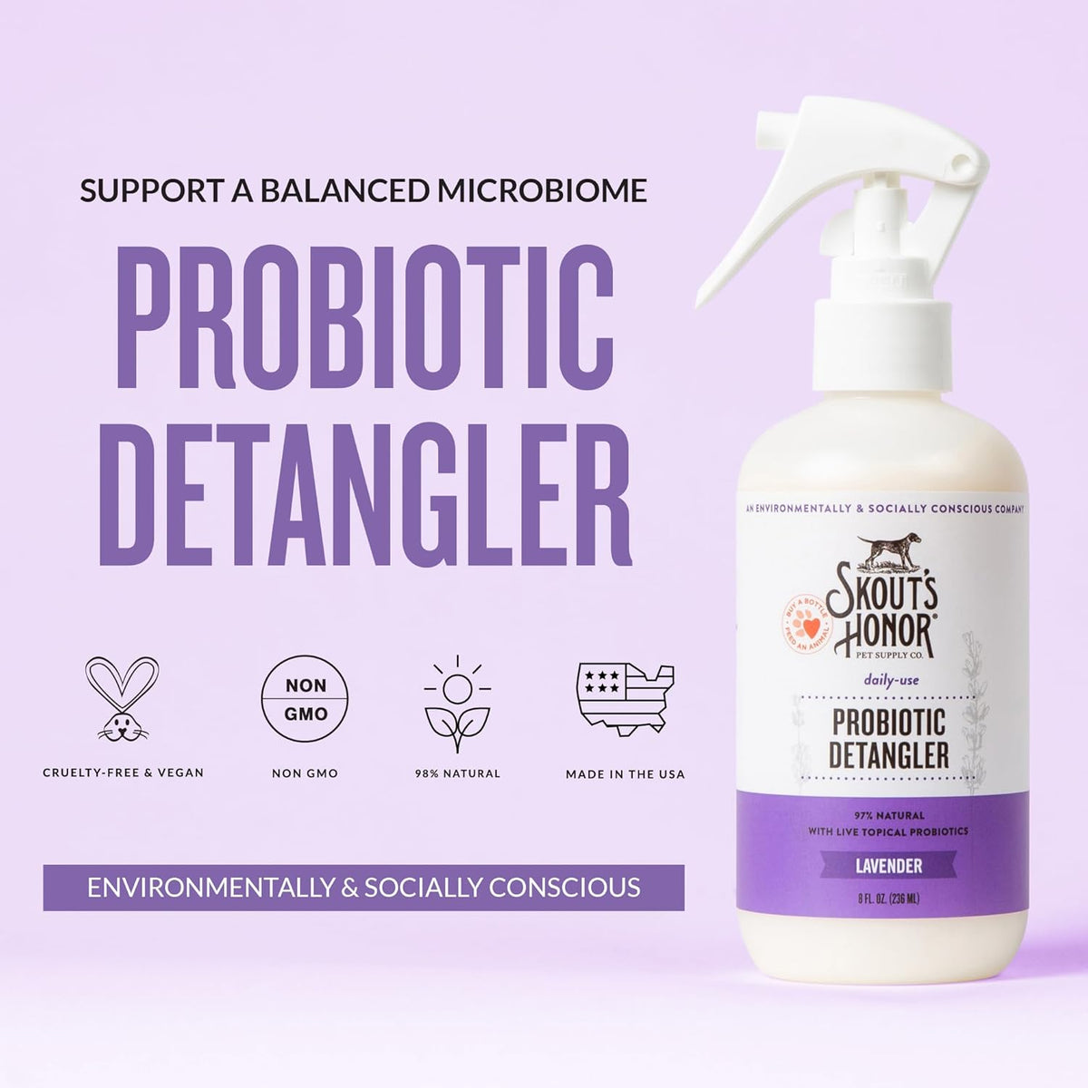Skout's Honor Pet Detangler Spray - Hydrating & Conditioning with Avocado Oil & Probiotics, 97% Natural, Paraben & Sulfate-Free, softens for a More brushable Coat, Daily Use, 8oz, Lavender