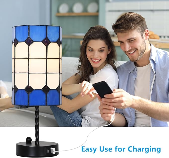 Stained Glass Table Lamp with USB Port, 3 Way Dimmable Touch Control Tiffany Desk Lamp with Bulbs, Vintage Lamp for Nightstand, Mid-century Small Bedside Lamp For Bedroom Living Room Office Nursery