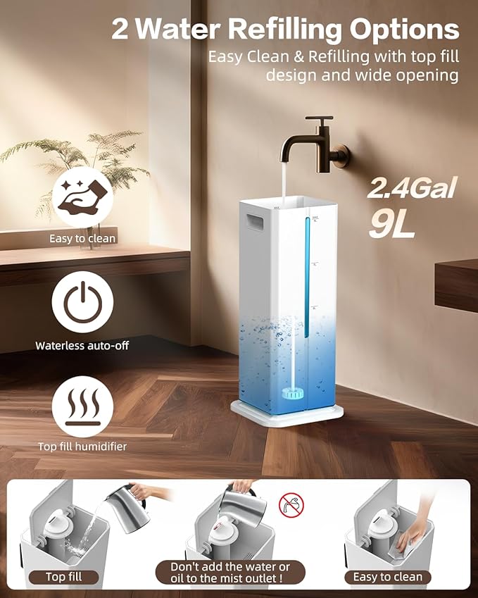 Cool Mist Humidifiers for Bedroom, Ultrasonic 2.4Gal 9L Quiet Top-Fill