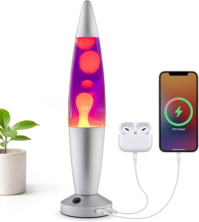 JAMBO 16" Beautiful Liquid Motion Lamp with USB -Purple with Yellow/Orange Wax for Adults, Teens and Kids, Magma Lamp, Home Decor Living Room Office Bedroom, Relaxing Night Light Nightlight