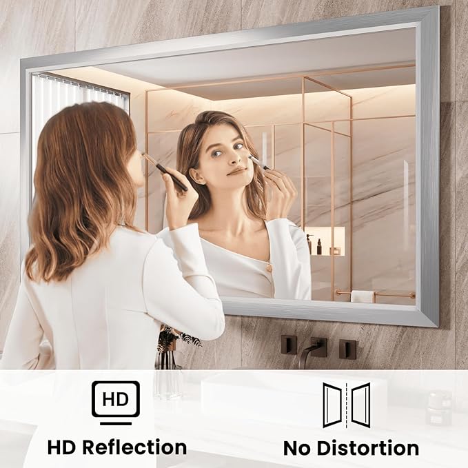 Amorho Bathroom Mirror, 48x40 Inch Silver Thick Metal Framed Wall Mirrors