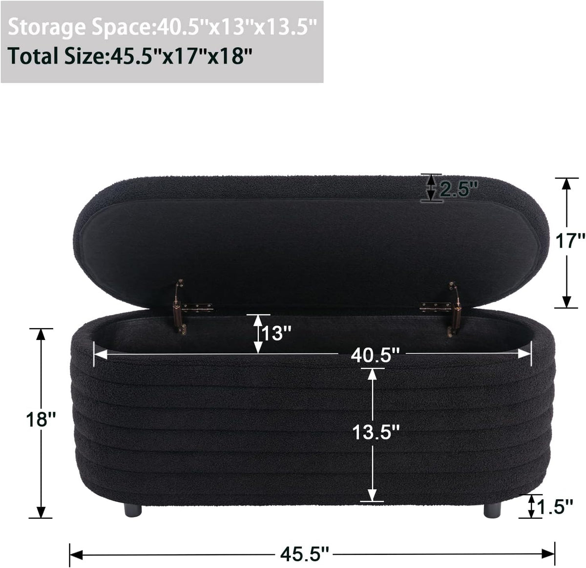 Storage Ottoman Bench Upholstered Fabric Storage Bench End of Bed Stool with Safety Hinge for Bedroom, Living Room, Entryway (45.5-inch, Black)