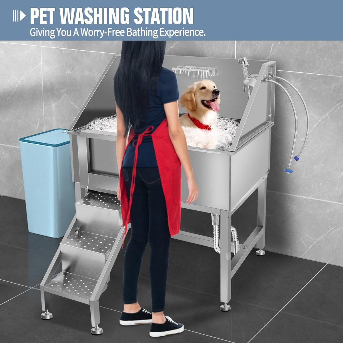 38" Dog Bathing Station, Professional Dog Washing Station Stainless Steel Dog Grooming Tub for Home,Equipped with Three Anti-Slip Steps, Removable Door, Pet Wash Station for Pet,L-RAMP