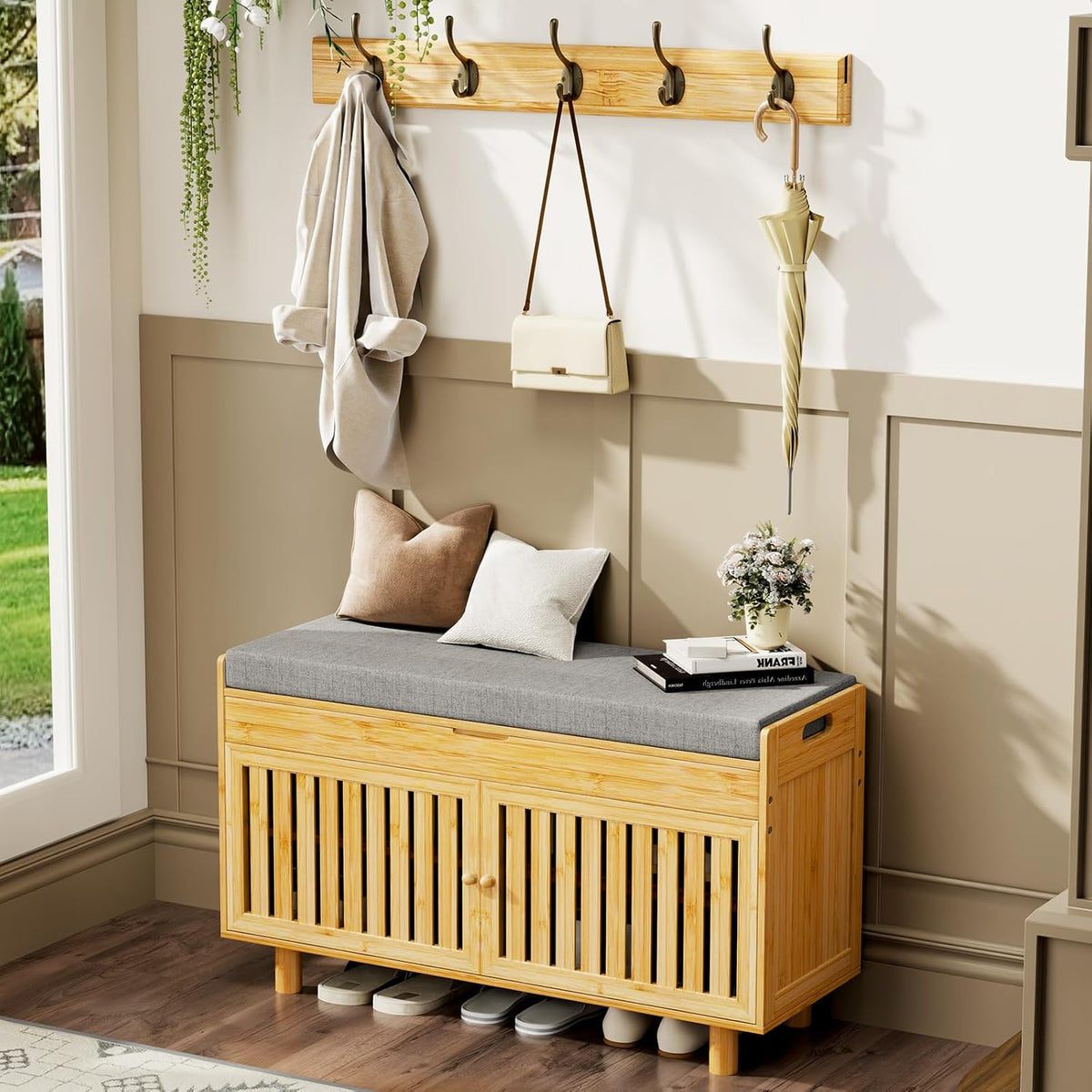 Coat Rack Shoe Bench Set, Bamboo Shoe Storage Bench with Seat Cushion & 5 Hooks, Hall Tree Entryway Bench with Lift Top Hidden Storage, 35.4" W x 12.6" D x 19.7" H, for Entryway, Living Room, Bedroom