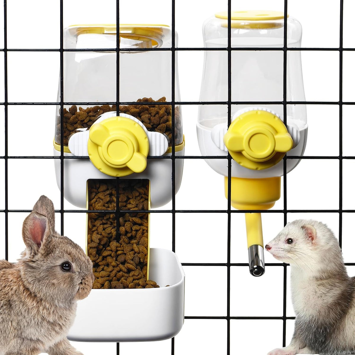 kathson Automatic Rabbit Feeder and Waterer Set, Gravity Pet Food Water Dispenser Bunny Pellet Feeder Small Animal Feeding & Watering Supplies for Guinea Pig Ferret Crate Accessories (Yellow)