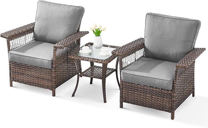 Wicker Outdoor Chairs Set - 3 Pieces Hollow Widen Armrests Patio Furniture Set with Side Table, Comfortable High Back Rattan Chairs for Balcony Porch Deck and Yard - Brown/Gray