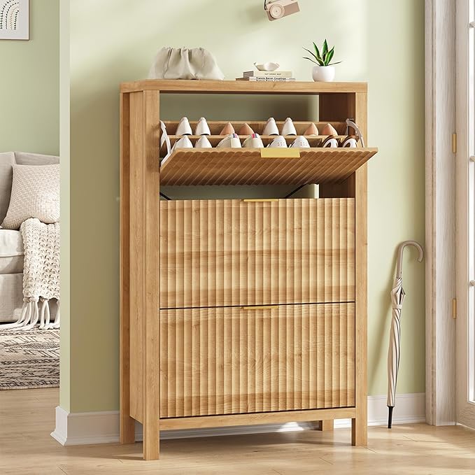 Shoe Cabinet Storage for Entryway, Fluted Shoe Cabinet