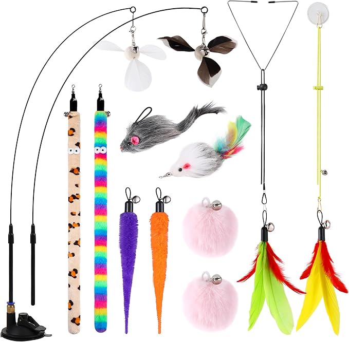 Soarer 4-in-1 Interactive Cat Feather Toys,12Pcs Durable Fishing Pole Cats Feathers Toy Replacements,Enhanced Suction Cup Cats Wand Toy,2 Types Door Hanging Cat String Toys for Indoor Kitten