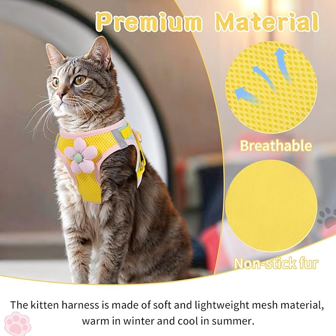 Cat Harness and Leash Set for Walking Escape Proof, Adjustable Kitten Harness Breathable Mesh with Reflective Strips Harness with Flower for Kitty Puppy Bunny Yellow Small